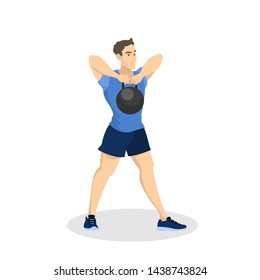 Man doing arm workout with a weight. Fitness and bodybuilding exercise in the gym. Healthy and active lifestyle. Isolated vector illustration in cartoon style