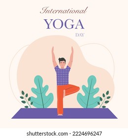 Man doing asana International Yoga Day card. Young male staying in balancing tree pose outdoors. Yoga body posture exercise on yoga mat. Healthy lifestyle concept for poster template design.