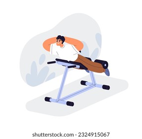 Man doing back extension on hyperextension bench in gym. Happy person training power, strength, exercising on Roman chair, workout machine. Flat vector illustration isolated on white background