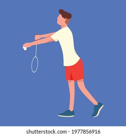 A man doing a badminton service. Badminton player wearing a white and red jersey. Sport flat illustrations.