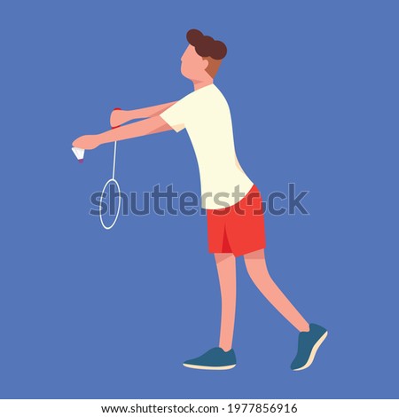 A man doing a badminton service. Badminton player wearing a white and red jersey. Sport flat illustrations.