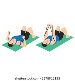 Man doing banded lying chest press from floor with yoga fitness mat. Flat vector illustration isolated on white background