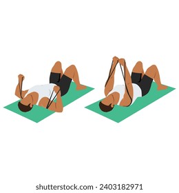 Man doing banded lying chest press from floor with yoga fitness mat. Flat vector illustration isolated on white background