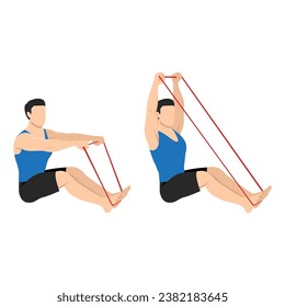 Man doing banded or resistance band seated overhead pull exercise. Flat vector illustration isolated on white background