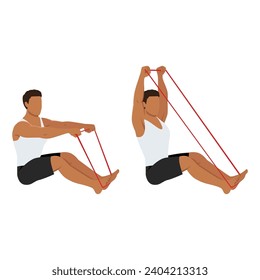 Man doing banded or resistance band seated overhead pull exercise. Flat vector illustration isolated on white background