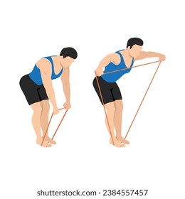 Man doing banded reverse lateral fly exercise. Flat vector illustration isolated on white background