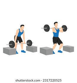 Man doing barbell cleans or box cleans or block cleans exercise. Flat vector illustration isolated on white background