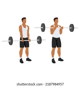 Man doing Barbell curl. Flat vector illustration isolated on different layers. Workout character