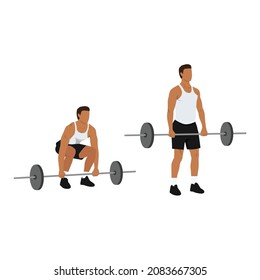 Hombre haciendo ejercicio de los elevadores mortales de Barbell. Ilustración vectorial plana aislada en fondo blanco