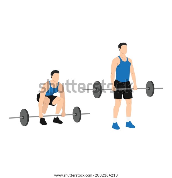 Man doing Barbell deadlifts exercise.\
Flat vector illustration isolated on white\
background