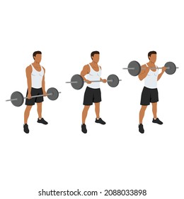 Hombre haciendo ejercicio de Barbell arrastrando rizos de bicicleta. 21 ejercicios de bíceps. 7 Pasos.Ejercicio. Ilustración vectorial plana de un hombre de fitness aislado en fondo blanco