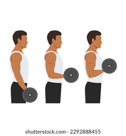 Man doing Barbell drag bicep curls exercise. 21 bicep exercise. 7 Steps side view.Arm workout. Flat vector illustration of a fitness man isolated on white background