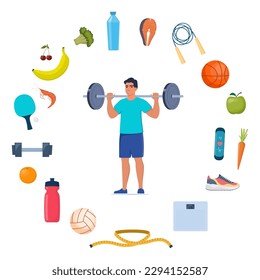 Man doing barbell exercise. Icons of healthy food, vegetables and sports equipment for different sports around him. Healthy lifestyle concept. Vector illustration