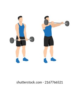 Man Doing Barbell Front Raise Exercise. Flat Vector Illustration Isolated On White Background