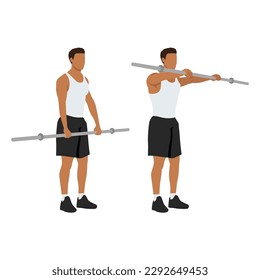 Man doing barbell front raises exercise. Flat vector illustration isolated on white background