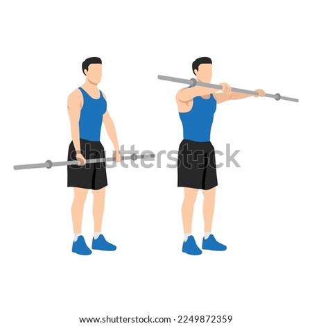 Man doing barbell front raises exercise. Flat vector illustration isolated on white background