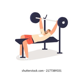 Man doing barbell gym press. Young guy training workout. Strong male athlete sportsman exercising in gymnastics. Sport and health concept. Cartoon flat vector illustration