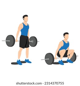 Man doing barbell hack squat with stepping on the weight plate. Flat vector illustration isolated on white background