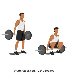 Man doing barbell hack squat with stepping on the weight plate. Flat vector illustration isolated on white background