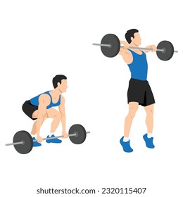 Man doing Barbell high pull exercise. Flat vector illustration isolated on white background