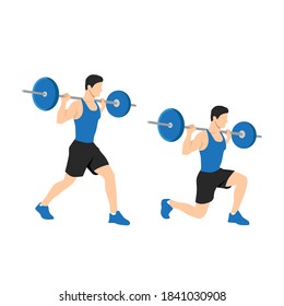 Man doing Barbell lunges exercise. or split squat. Flat vector illustration isolated on white background