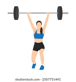 Man doing barbell over head and lunging while doing split jerk. Flat vector illustration isolated on white background