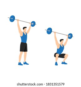 Man doing barbell overhead squats exercise. Flat vector illustration isolated on white background