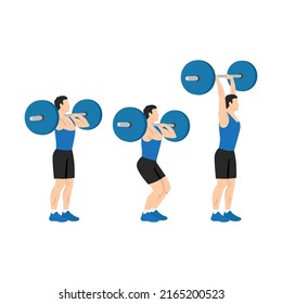 Man doing Barbell push and press exercise. Flat vector illustration isolated on white background