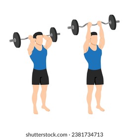 Man doing barbell reverse grip tricep extension exercise. Flat vector illustration isolated on white background