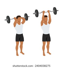 Man doing barbell reverse grip tricep extension exercise. Flat vector illustration isolated on white background