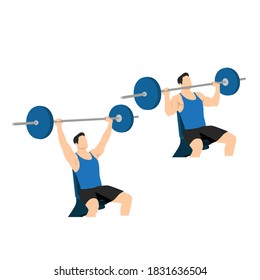 Man doing barbell shoulder press. Flat Design Bodybuilder Character Lifting Barbell. Flat vector illustration isolated on white background
