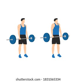 Man doing barbell shoulder shrug exercise. Flat vector illustration isolated on white background