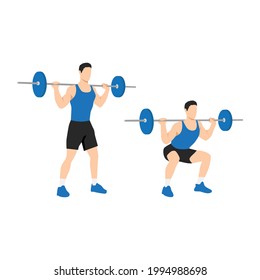 Man doing Barbell squat exercise. Flat vector illustration isolated on white background