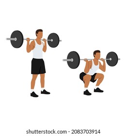 Man doing Barbell squat exercise. Flat vector illustration isolated on white background