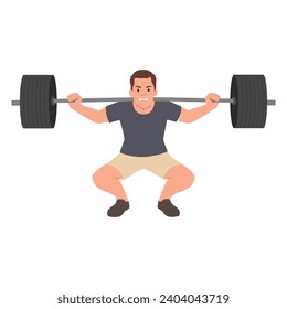 Man doing Barbell squat exercise with too much weights. Ego lifting concept. Flat vector illustration isolated on white background