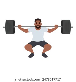 Man doing Barbell squat exercise with too much weights. Ego lifting. Flat vector illustration isolated on white background