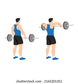 Man doing barbell upright row exercise flat vector illustration isolated on white background