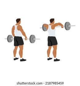 Man doing barbell upright row exercise flat vector illustration isolated on white background