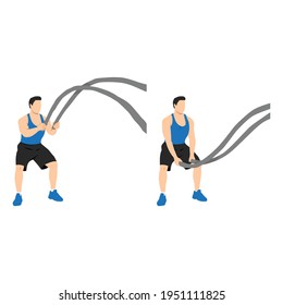 Man doing battle rope double waves exercise flat vector illustration isolated on white background