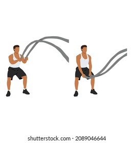 Man doing battle rope double waves exercise flat vector illustration isolated on white background