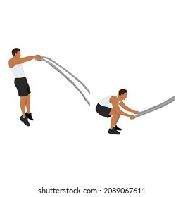 Man doing battle rope double arm slams exercise flat vector illustration isolated on white background