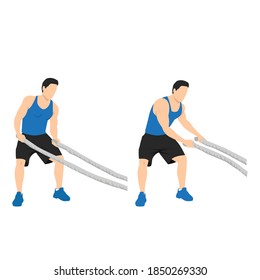 Hombre haciendo ejercicio de balancines de cuerda de batalla lado a lado. Ilustración vectorial plana aislada en capas. Carácter de entrenamiento
