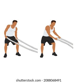 Man doing battle rope side to side swings exercise. Flat vector illustration isolated on layers. Workout character