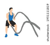 Man doing battle rope snakes exercise flat vector illustration isolated on white background