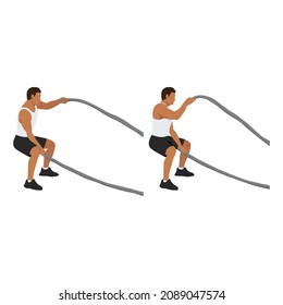 Man doing battle rope squatting alternating waves flat vector illustration isolated on white background