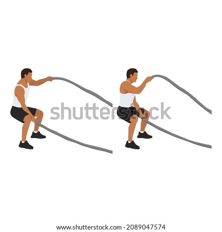 Man doing battle rope squatting alternating waves flat vector illustration isolated on white background