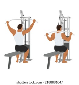 Hombre haciendo Detrás del cuello lat pulldown ilustración vectorial plana aislada en fondo blanco