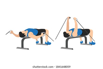 Man doing bench cable flyes. Chest day exercise. Flat vector illustration isolated on white background