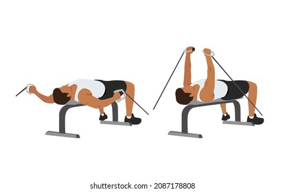 Man doing bench cable flyes. Chest day exercise. Flat vector illustration isolated on different layers