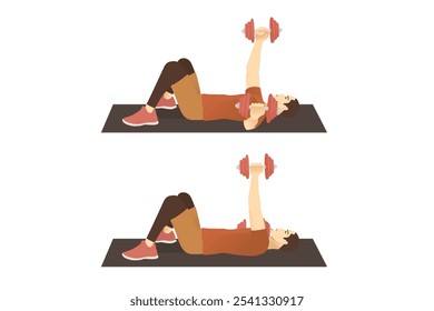 Homem fazendo exercício de banco com alternando Dumbbell Bench Pressionar postura sobre mate. Treino de aptidão para os músculos do tórax, tríceps e deltschest.